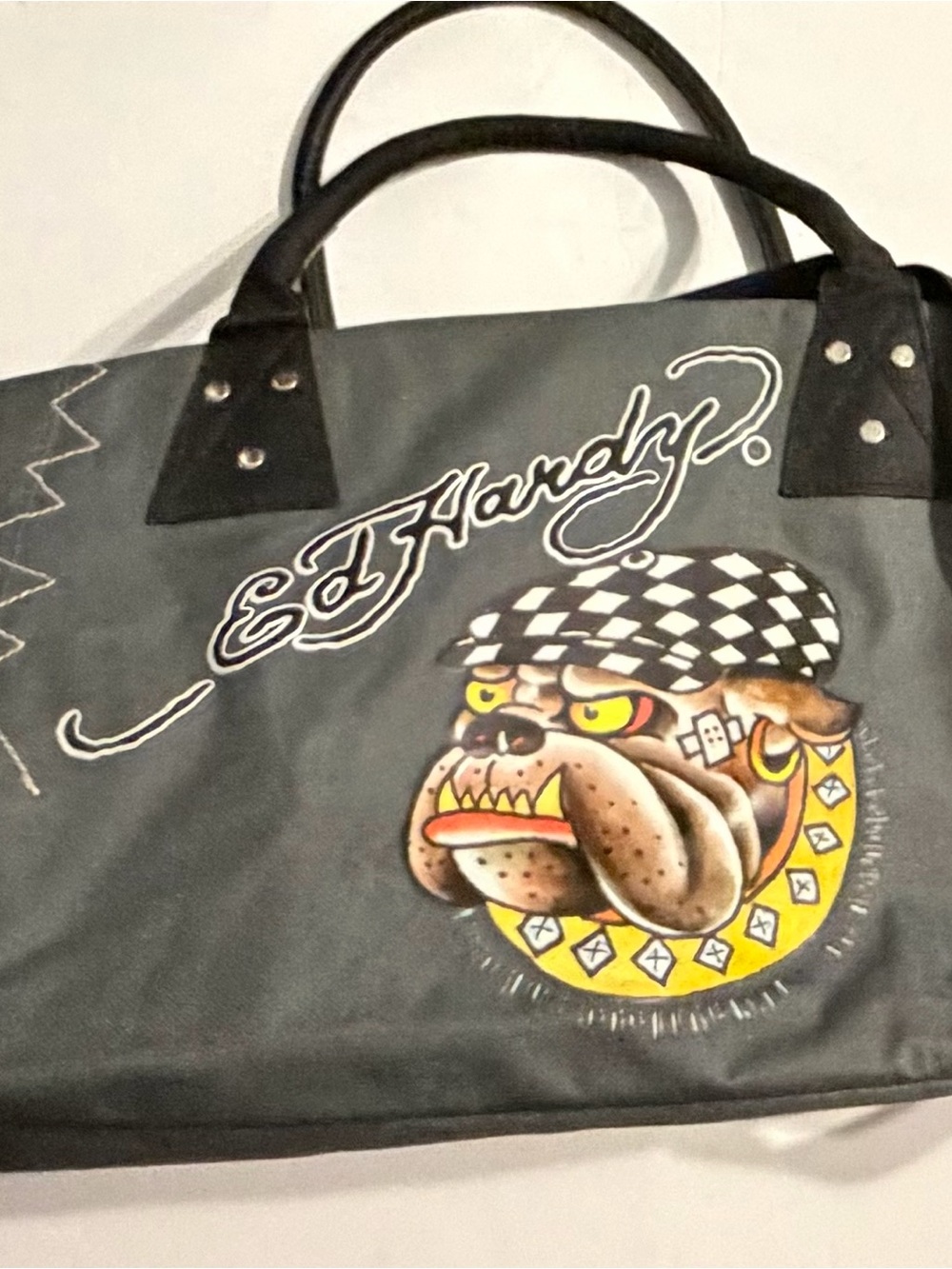 Ed Hardy Gray Duffel Bag with Colorful Bulldog Graphic